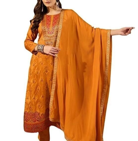 Women's Mustard Silk Ikat Straight Woven Kurta Pant With Dupatta Set | Straight Kurta Set For Women | Woven Salwar Suit For Women