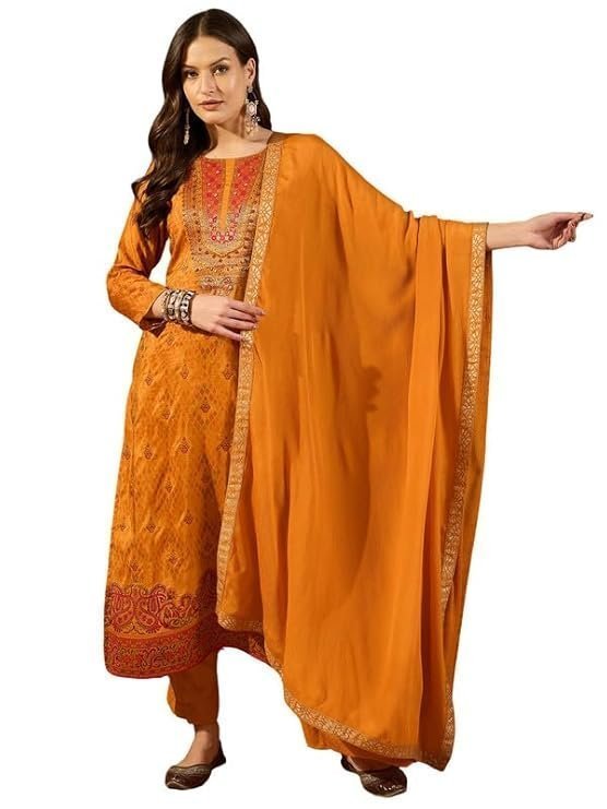 Women's Mustard Silk Ikat Straight Woven Kurta Pant With Dupatta Set | Straight Kurta Set For Women | Woven Salwar Suit For Women