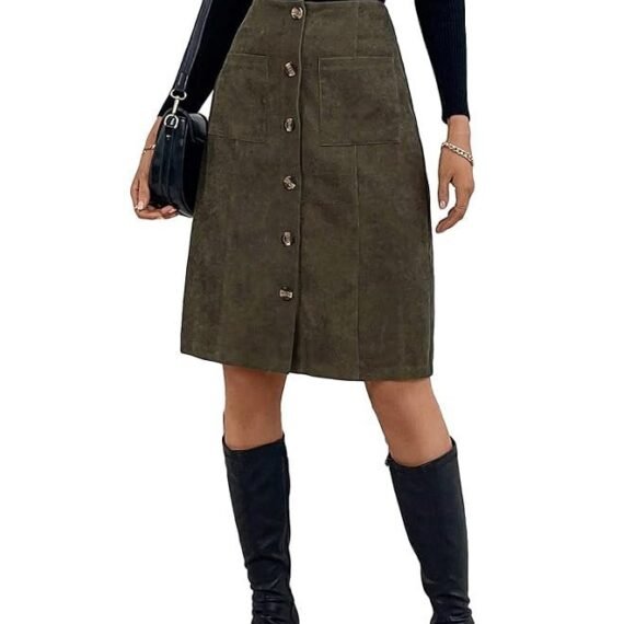 Women's High Waist Button Front Corduroy Midi Skirt Casual Skirts