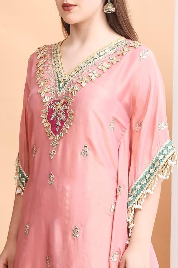 Embroidered Kaftan Palazzo Set, Pink, V-Neck with Fringe Details, Floral Embellished - Image 2