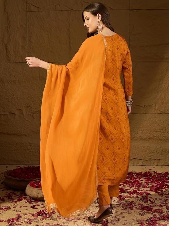 Women's Mustard Silk Ikat Straight Woven Kurta Pant With Dupatta Set | Straight Kurta Set For Women | Woven Salwar Suit For Women - Image 5