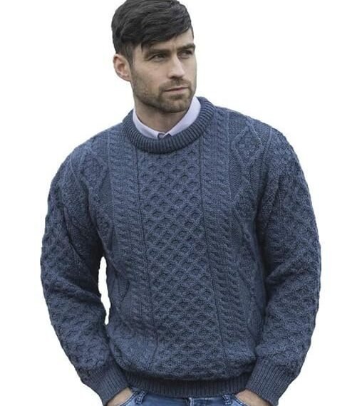 Irish Soft Cable Knitted Crew Neck Sweater (100% Pure New Wool)