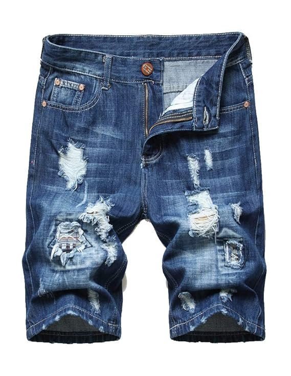 Men's Moto Biker Jeans Shorts Ripped Distressed Denim Shorts with Broken Hole