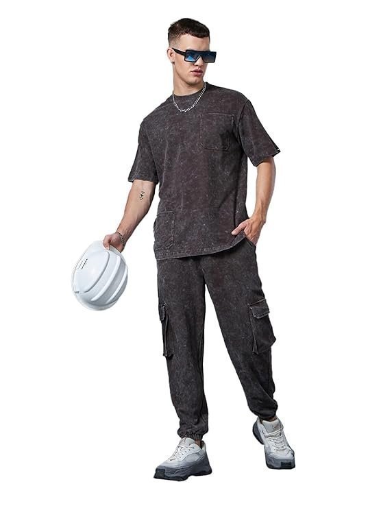 Heavy Duty 1.0 Men's Self Design Oversized Fit Half Sleeve Round Neck Terry Acid Wash Co-Ordinates T-Shirt