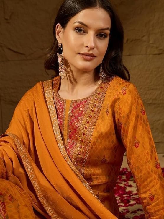 Women's Mustard Silk Ikat Straight Woven Kurta Pant With Dupatta Set | Straight Kurta Set For Women | Woven Salwar Suit For Women - Image 7
