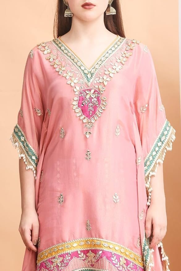 Embroidered Kaftan Palazzo Set, Pink, V-Neck with Fringe Details, Floral Embellished - Image 6