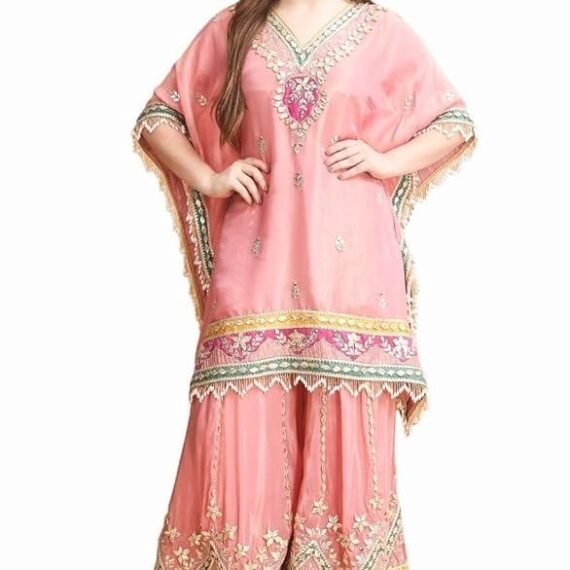 Embroidered Kaftan Palazzo Set, Pink, V-Neck with Fringe Details, Floral Embellished