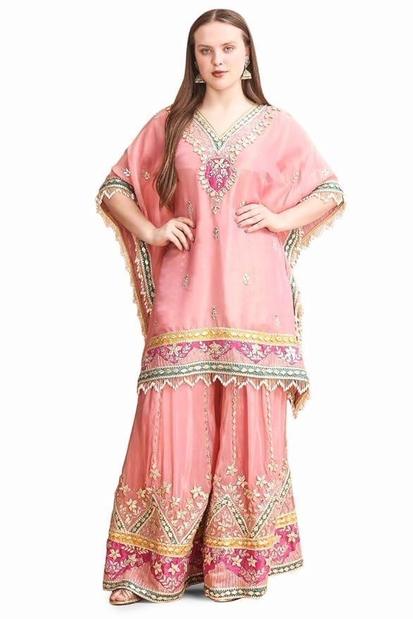 Embroidered Kaftan Palazzo Set, Pink, V-Neck with Fringe Details, Floral Embellished