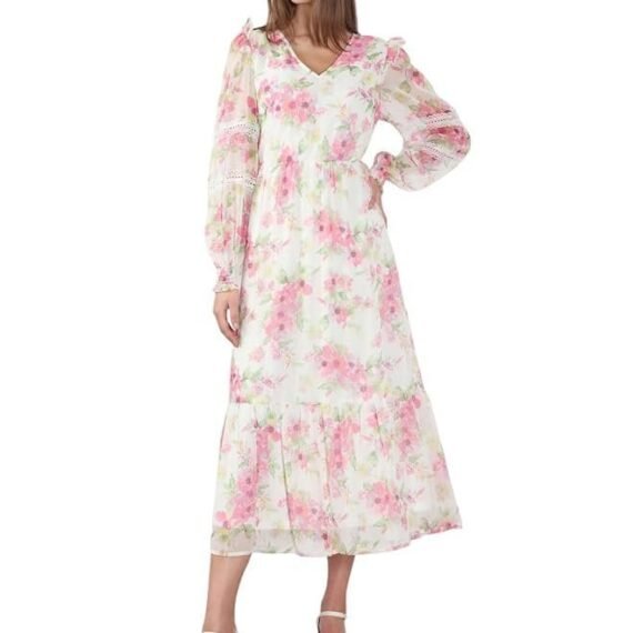 ERO MODA Women's Polyester Fit and Flare Maxi Dress