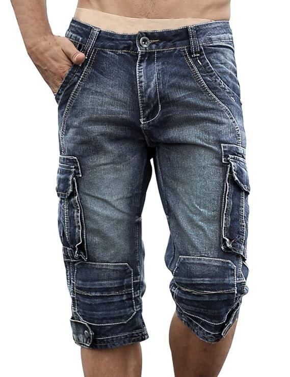 Men`s Cargo Denim Biker Jeans Shorts With Zippers