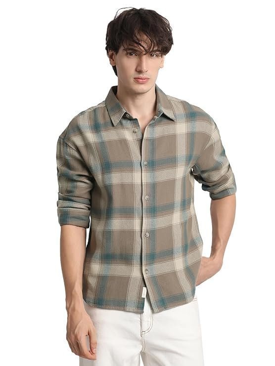 BEAR HOUSE Men's Brown Checked Relaxed Fit Cotton Casual Shirt