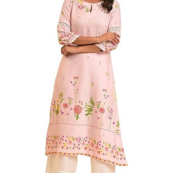 Woman Light Pink Floral Printed Summer Kurta