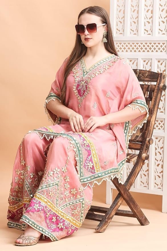 Embroidered Kaftan Palazzo Set, Pink, V-Neck with Fringe Details, Floral Embellished - Image 5