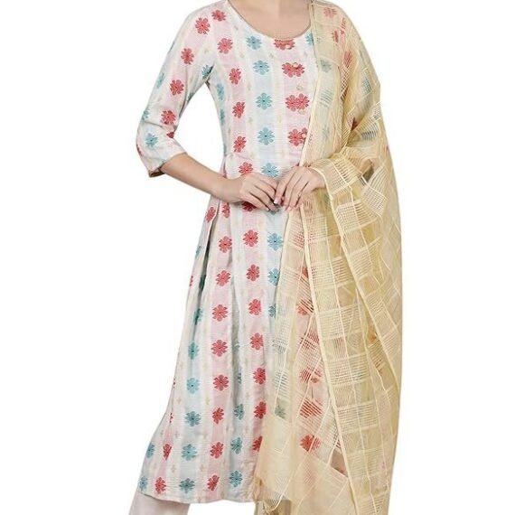 Women’s Abstract Printed Flared Kurta Set with Trouser and Dupatta for Women