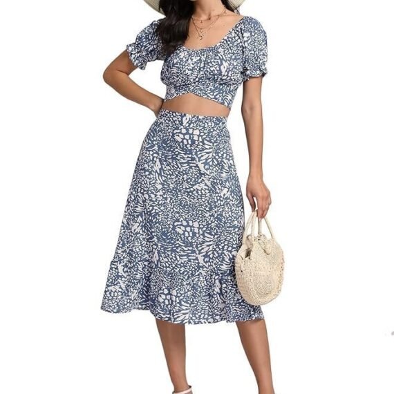 Women's 2 Piece Outfits Floral Self Tie Knot Crop Top and Midi Skirt Set, 2#blue, Small