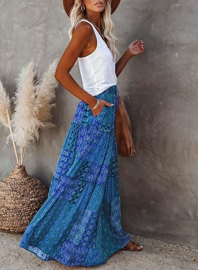 Womens Casual High Waist Tiered Paisley Print Long Maxi Skirt with Pockets, Blue, X-Large - Image 5