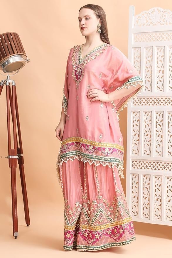Embroidered Kaftan Palazzo Set, Pink, V-Neck with Fringe Details, Floral Embellished - Image 4