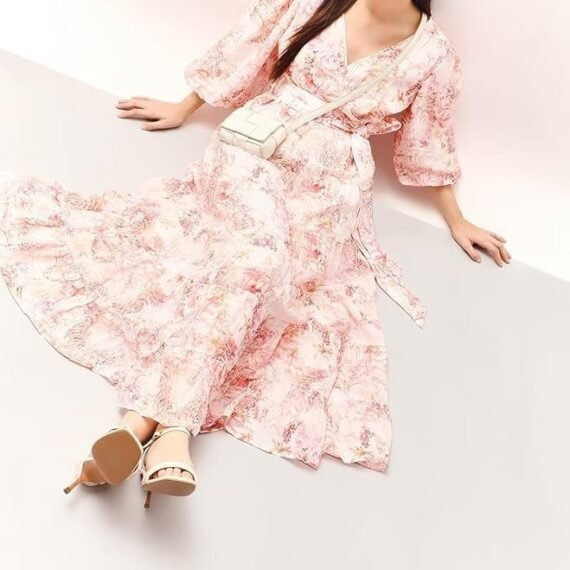 Floral Print Bishop Sleeve Layered Fit & Flare Maxi Dress