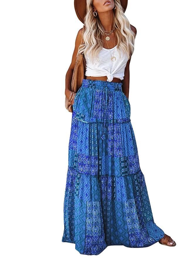 Womens Casual High Waist Tiered Paisley Print Long Maxi Skirt with Pockets, Blue, X-Large
