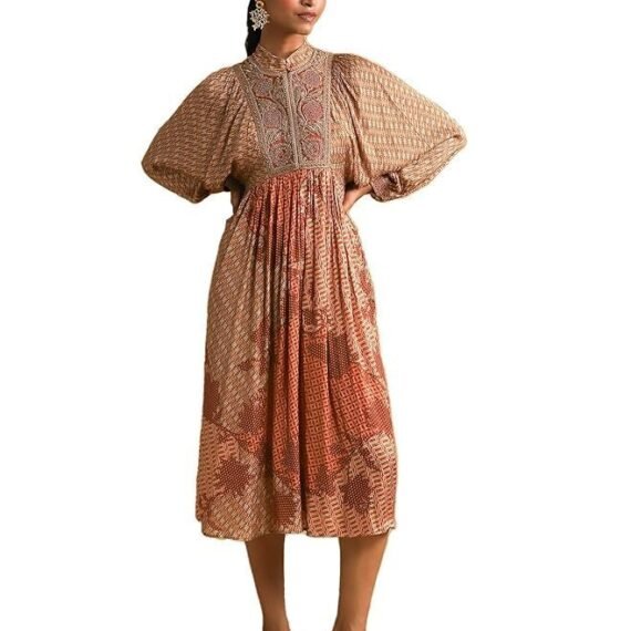 Rust Micro Print Embroidered Dress