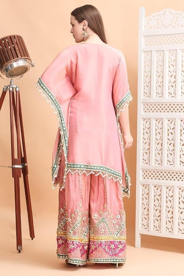 Embroidered Kaftan Palazzo Set, Pink, V-Neck with Fringe Details, Floral Embellished - Image 3