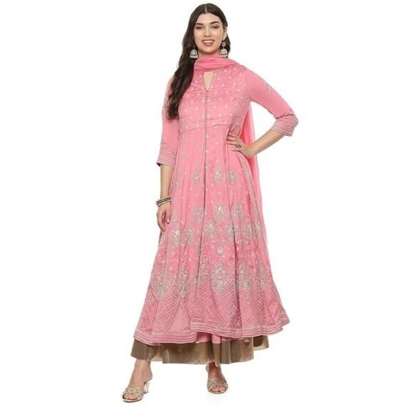 Women Cotton Blend Anarkali Embroidered Kurta Suit Set