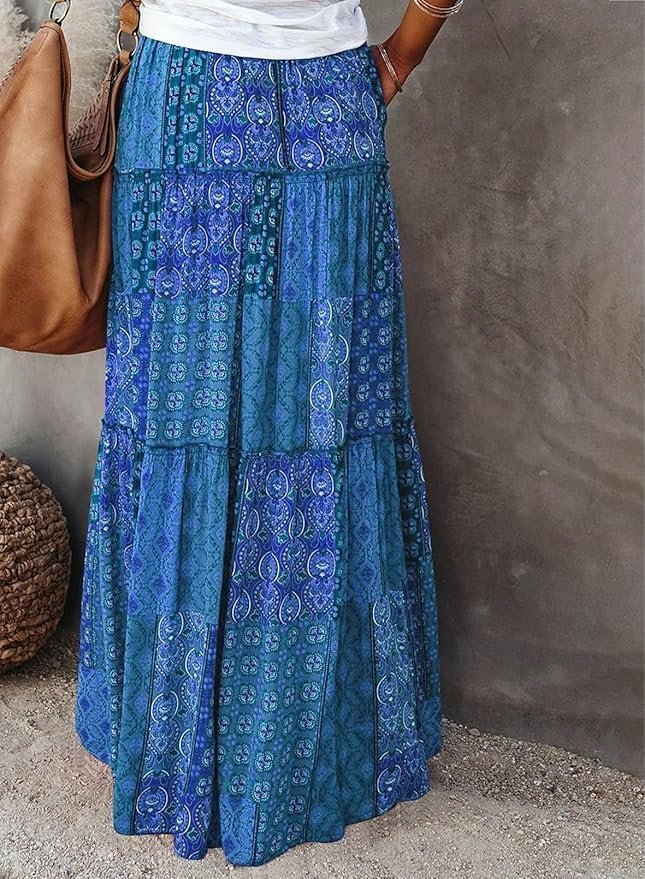 Womens Casual High Waist Tiered Paisley Print Long Maxi Skirt with Pockets, Blue, X-Large - Image 4
