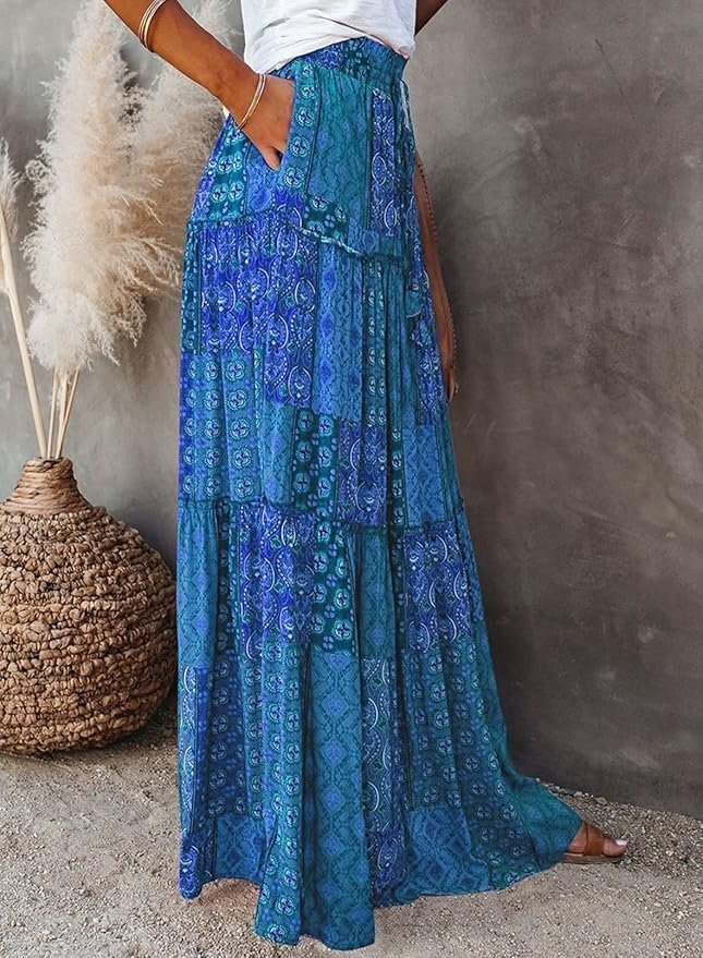 Womens Casual High Waist Tiered Paisley Print Long Maxi Skirt with Pockets, Blue, X-Large - Image 3